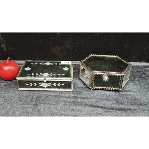 771 - Two mirrored jewellery boxes, one filled with fantastic costume jewellery and enamelled brooches. Ve... 