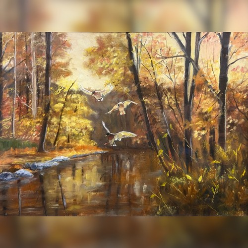 75 - A charming acrylic on canvas painting featuring ducks taking to air in an autumnal forest filled wit... 