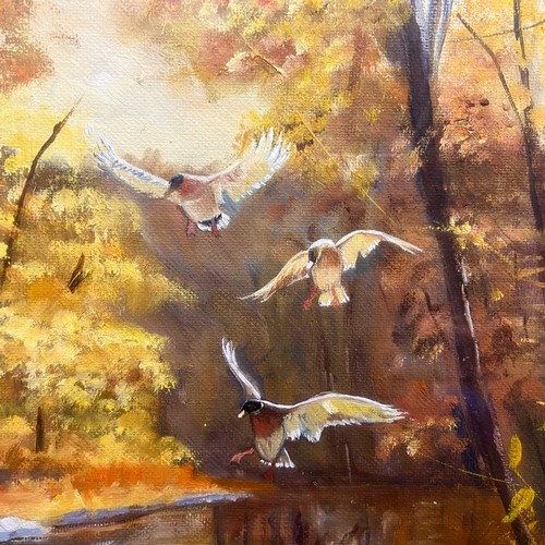 75 - A charming acrylic on canvas painting featuring ducks taking to air in an autumnal forest filled wit... 