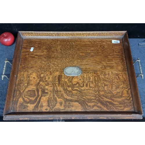 142 - A beautiful Victorian oak wood butler's tray with elegant gallery and an engraved EPNS medallion and... 