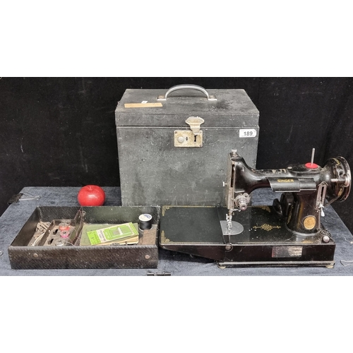 189 - A rare beautiful antique portable electric Singer Sewing machine with wooden carry case with additio... 