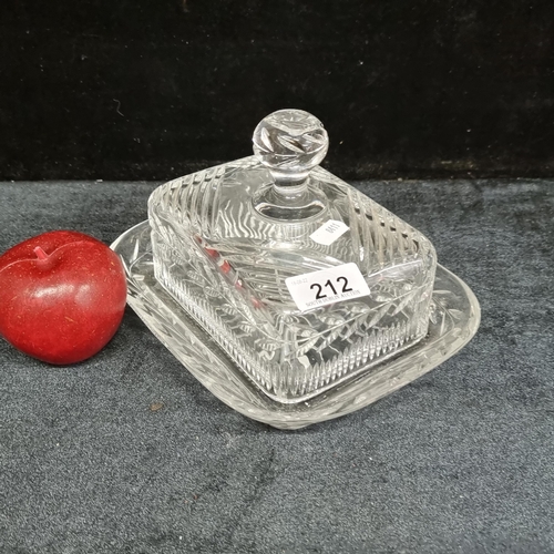 212 - A lovely very large  cut crystal butter dish with laurel wreath design.