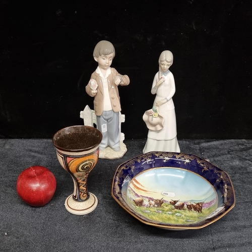 220 - A lovely hand painted ceramic bowl showing bison grazing with a deep blue and gilt flower edge. Alon... 