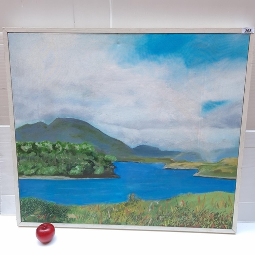 268 - A very large original acrylic on canvas painting depicting a mountainous landscape with a tranquil l... 