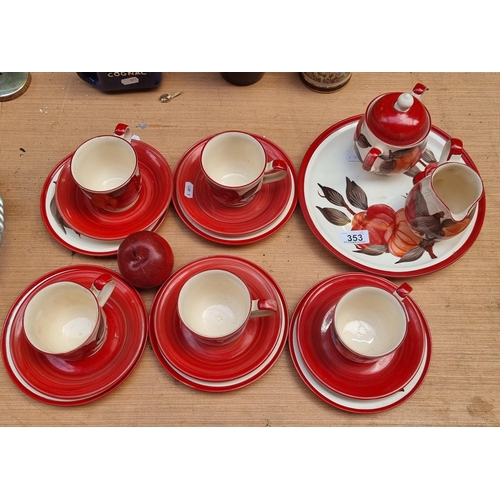 353 - Eighteen pieces of ceramic ware by ceramic artist N. Hanley. Hand painted in shades of red with over... 