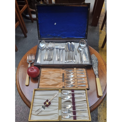 373 - Three cutlery canteens, including EPNS fish knife and fork cutlery, with two smaller shagreen cutler... 