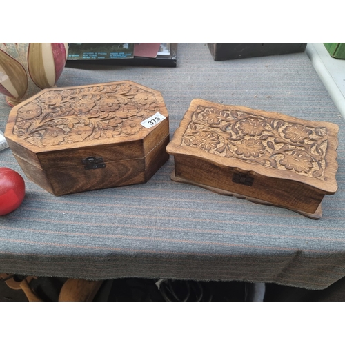 375 - Two beautiful, Indian made jewellery boxes, with foliate designs to top and locking mechanism.