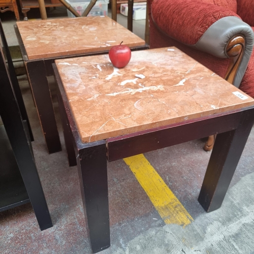 384 - A pair of unusual matching side tables, with an inset red marble top, with lovely veining throughout... 