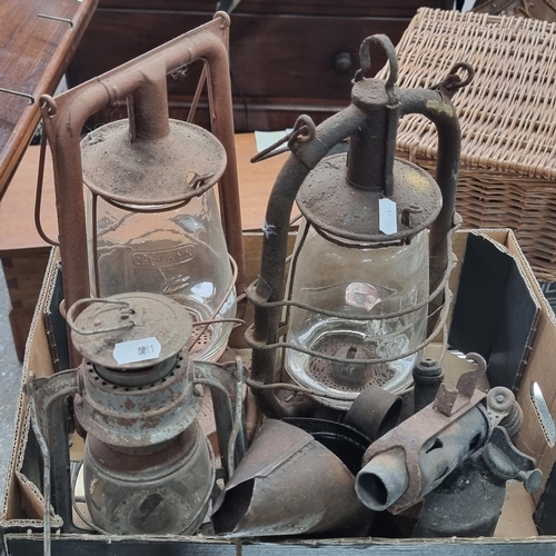 449 - Three antique oil lamps, including examples by Chalwyn Pilot and Veritas. With two oiler cans and a ... 