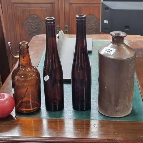 450 - Four vessels with age, including a heavy clay jug with two hand-blown glass bottles.