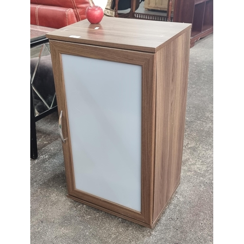 470 - A nice dark wood very good quality  bathroom cabinet with three shelves inside and frosted finished ... 