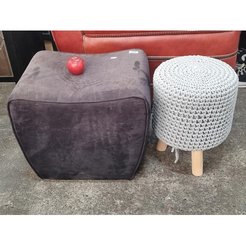 471 - Two contemporary foot stools, including a neat example with crocheted wool upholstery.