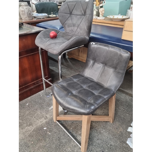 482 - Two contemporary chairs, comprising of a tall bar stool with a tubular chrome frame and dove grey up... 