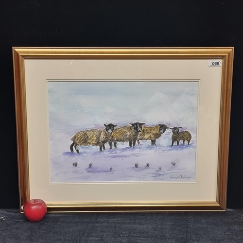 69 - A good sized original watercolour on paper featuring four stylised sheep amongst a dusky, snowy land... 