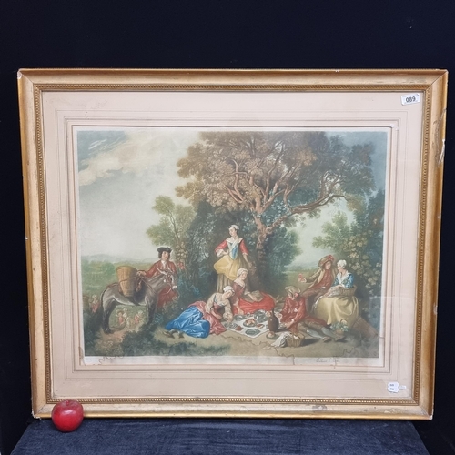 89 - An incredible, large 19th century chromolithograph of a merry making scene of men and wenches picnic... 