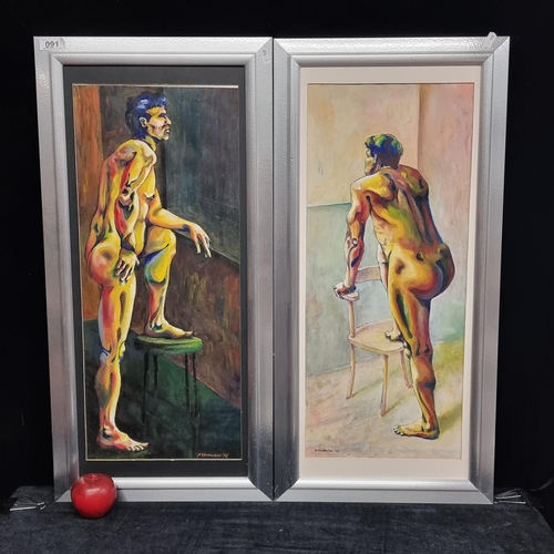 91 - Two original acrylic on paper paintings by J. Chatterton and dated to 2003. Each shows a nude male s... 