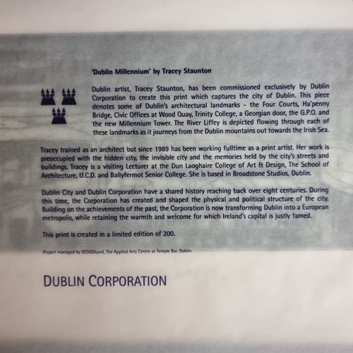 185 - A fabulous original limited edition etching (63/300) celebrating the millenium in Dublin by Tracey S... 