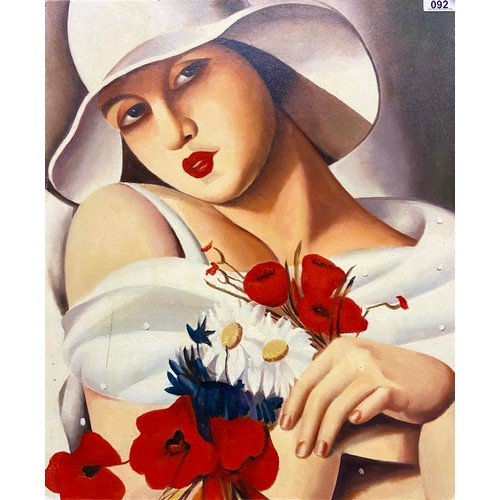 92 - A wonderful original art deco style oil on board painting after Temara De Lempicka titled 