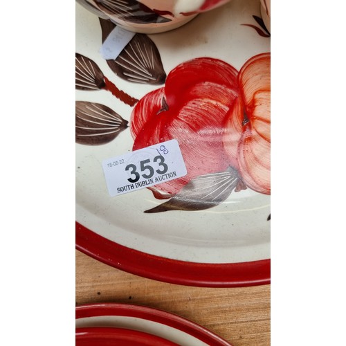 353 - Eighteen pieces of ceramic ware by ceramic artist N. Hanley. Hand painted in shades of red with over... 