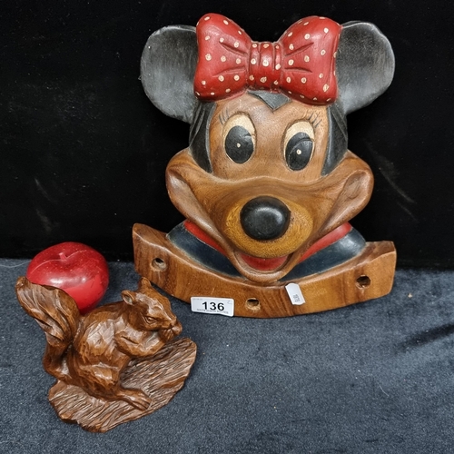 136 - Two vintage pieces, including an early example of a carved, oak wood Minnie Mouse wall plaque, origi... 