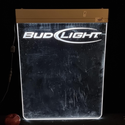 175 - A Budweiser light-up advertising sign, with Ac Adaptor and space to write a promotional message.