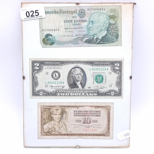 25 - A framed and mounted set of three bank notes, inc the illusive $2 bill.
