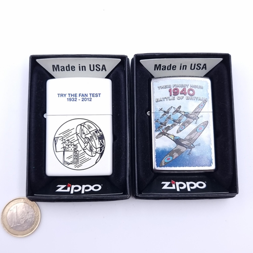 46 - Two Zippo lighters, both presented in their original packaging. Fine examples with one displaying th... 
