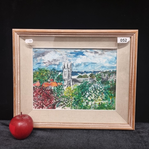 52 - A lovely original acrylic on canvas painting featuring a vibrant steepled church amongst lush greene... 