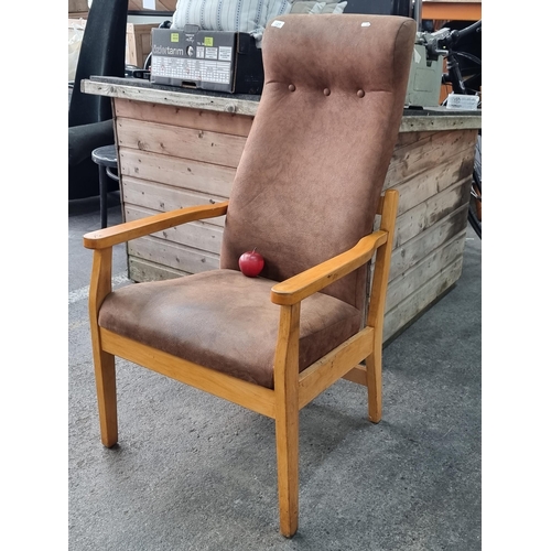 727 - A good example of an orthopaedic armchair with wooden frame and brown suede upholstery. Very clean e... 