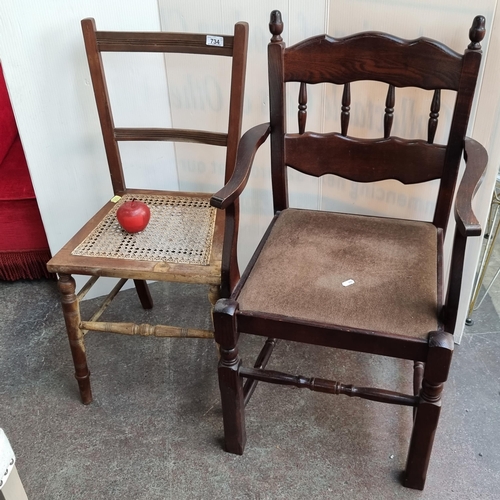 734 - Two lovely antique chairs, one with woven cane seat, the other upholstered with beautiful acorn fini... 