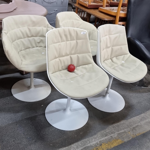 759 - Star Lot : Set of Four very retro-style chairs all on white swivel bases and upholstered in padded k... 