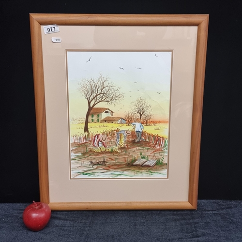 77 - An original watercolour on paper painting showing farmhands at work in the harvest by B. Benatti.