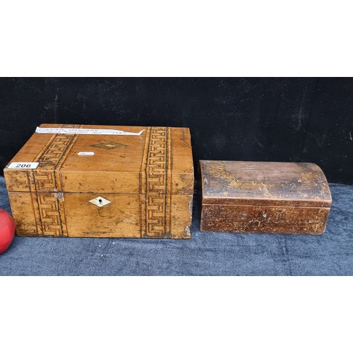 206 - Two great vintage boxes including a large inlaid stationary box and a dome shaped jewellery chest.