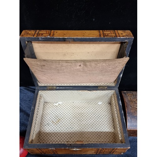 206 - Two great vintage boxes including a large inlaid stationary box and a dome shaped jewellery chest.