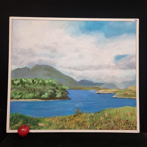 100 - A very framed original acrylic-on-canvas painting of a mountainous lake-side scene. Featuring bold c... 