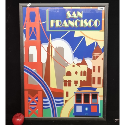 104 - A large framed print demonstrating landmarks of San Francisco in cheerful stylised manner.