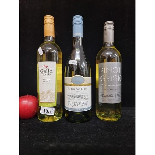 105 - Three sealed bottles of white wine, including a 2013 Provincia Di Pavia Pinot Grigio with a 2016 Oys... 