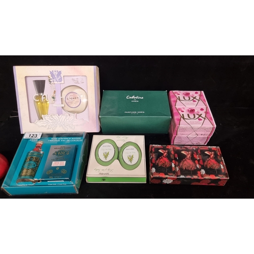 123 - A selection of six new perfumes and beauty  items including four sealed Lux brand soap bars with 471... 