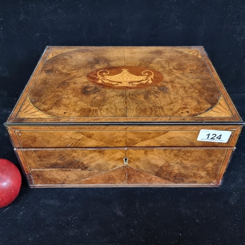 124 - A beautiful Edwardian, mahogany writing slope with burl walnut inlay and decorated with Regency cent... 