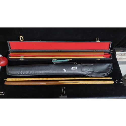 132 - Two high quality snooker cues including A John Parrott for Unicorn brand Snooker cues. Printed with ... 