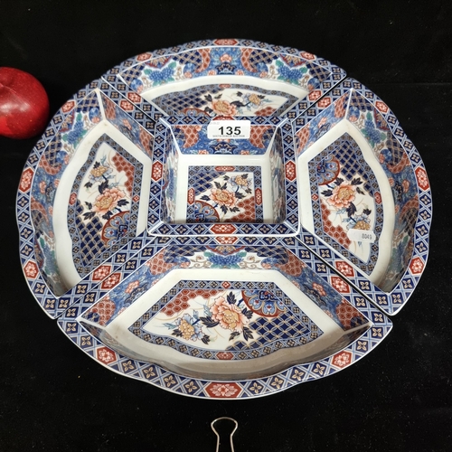 135 - A porcelain lazy Susuan appetisers dish with five separate parts with red, gold and blue colour pale... 