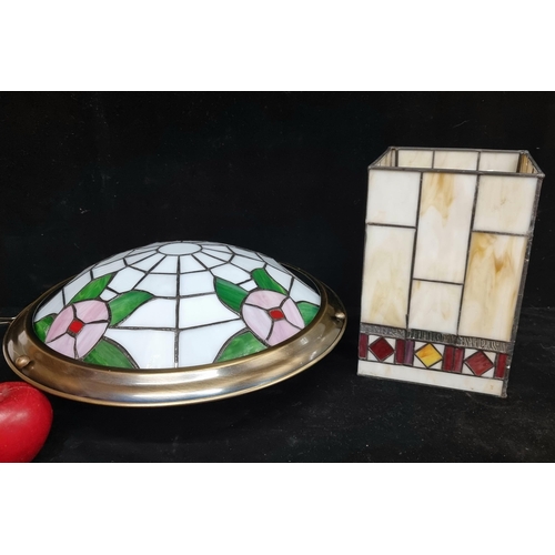 140 - Two beautiful Tiffany style lampshades including a pendulum bowl shaped example with a second cuboid... 