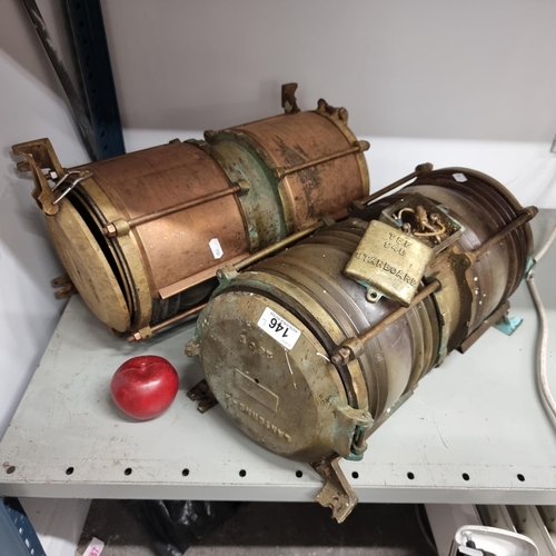 146 - Star Lot : A pair of antique extremely heavy and large  brass and copper ship's masthead lanterns ma... 