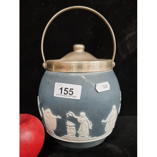 155 - An excellent example of an Adams Tunstall blue jasperware biscuit barrel. With rich blue background ... 