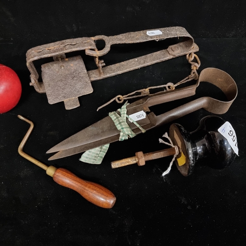 156 - A selection of four vintage and antique tools, including a pair of Sheffield made sheep shears. With... 