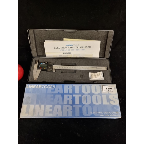 177 - An electronic, stainless steel digital caliper by ''LinearTools'' brand. With instruction manual in ... 