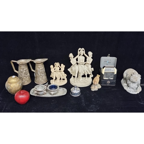 229 - A nice collection of ten vintage items, including a pair of Irish made Elpec brass pitchers, a Schic... 