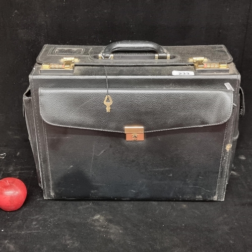 233 - A very nice heavy leather doctors case with combination locks, and space for medical implements. Key... 