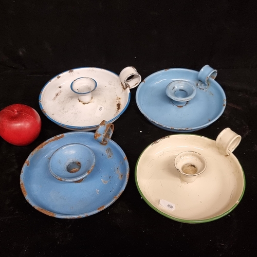 244 - A selection of four vintage, enamelled chamber candle holders. In shades of blue and white.