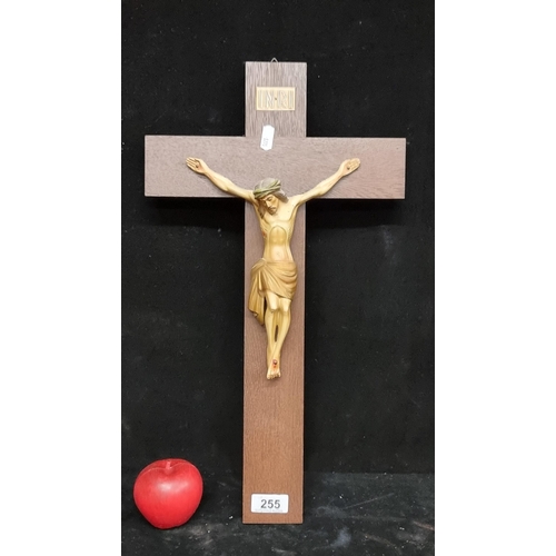 255 - An impressive large wooden wall crucifix with a painted metal figure of Jesus. With a wall mounting ... 